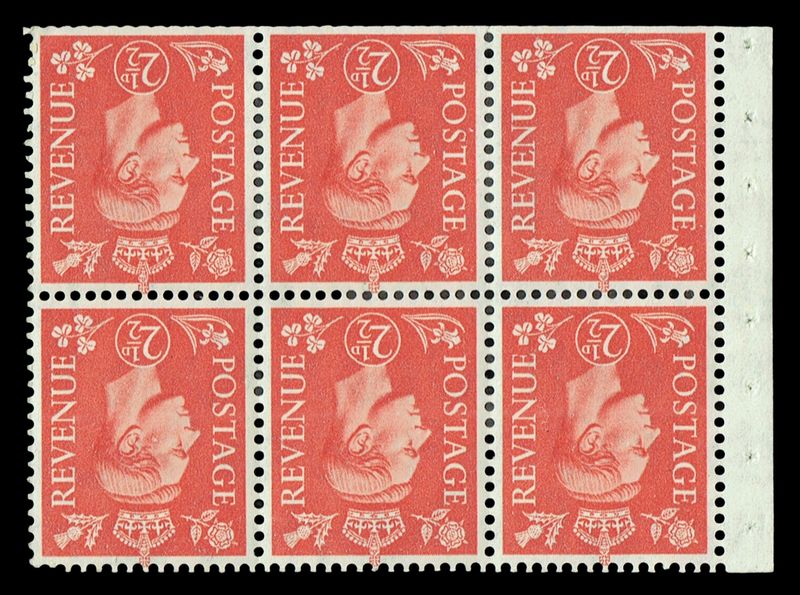 GB KING GEORGE VI 1937, 2½d PALE SCARLET, BOOKLET PANE, WMK INV., SG507c (SG507cWi), MNH