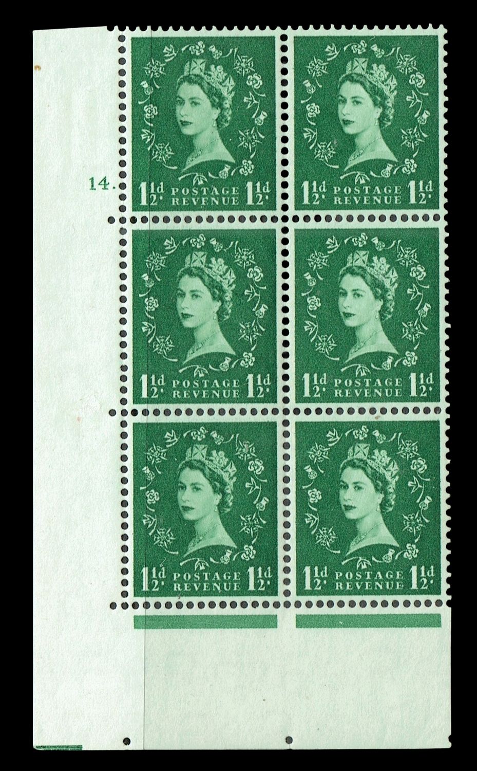 GB QUEEN ELIZABETH II, 1952-54, Block of 6x 1½d GREEN, SG 517, CYLINDER 14 (DOT), Tudor Crown