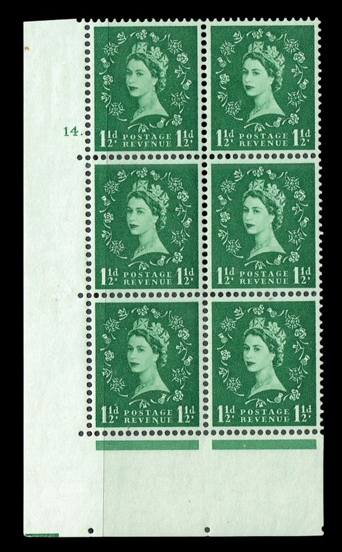 GB QUEEN ELIZABETH II, 1952-54, Block of 6x 1½d GREEN, SG 517, CYLINDER 14 (DOT), Tudor Crown