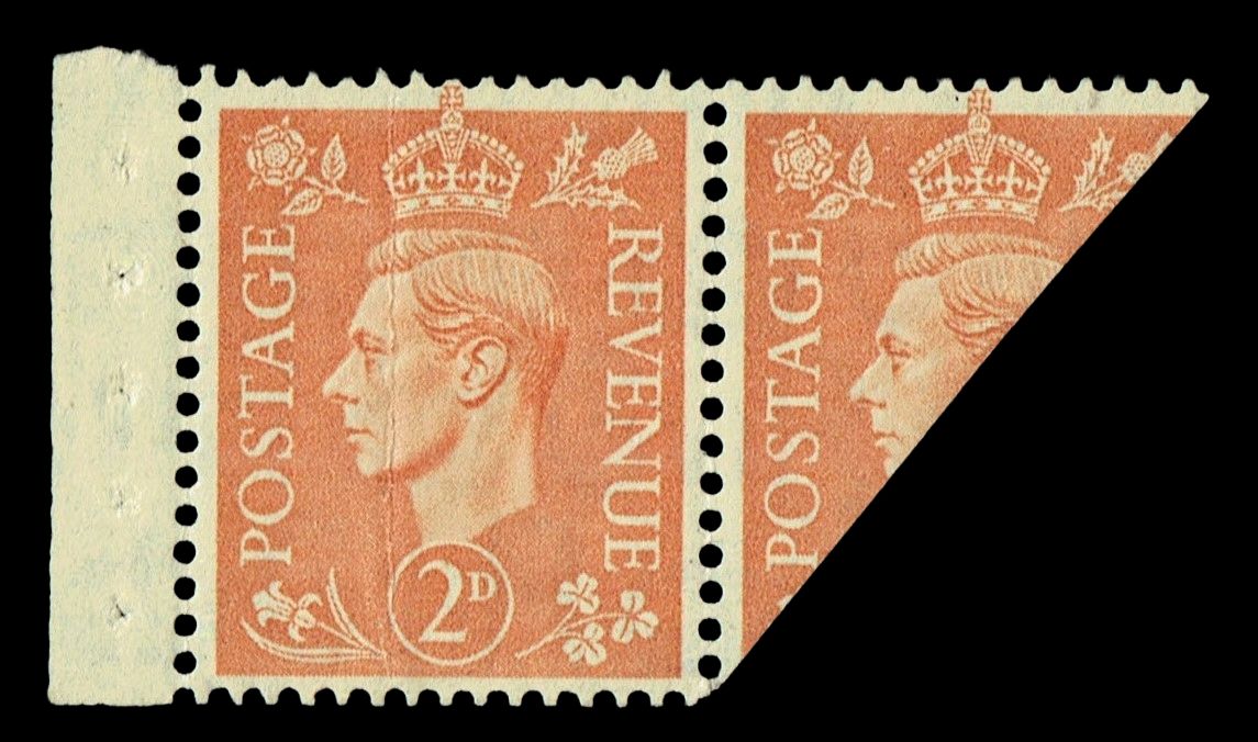 GB KING GEORGE VI 1937, 2d ORANGE, PART OF BOOKLET PANE, SG465c, MNH GB KING GEORGE VI 1937, 2d ORANGE, PART OF BOOKLET PANE, SG465c, MNH
