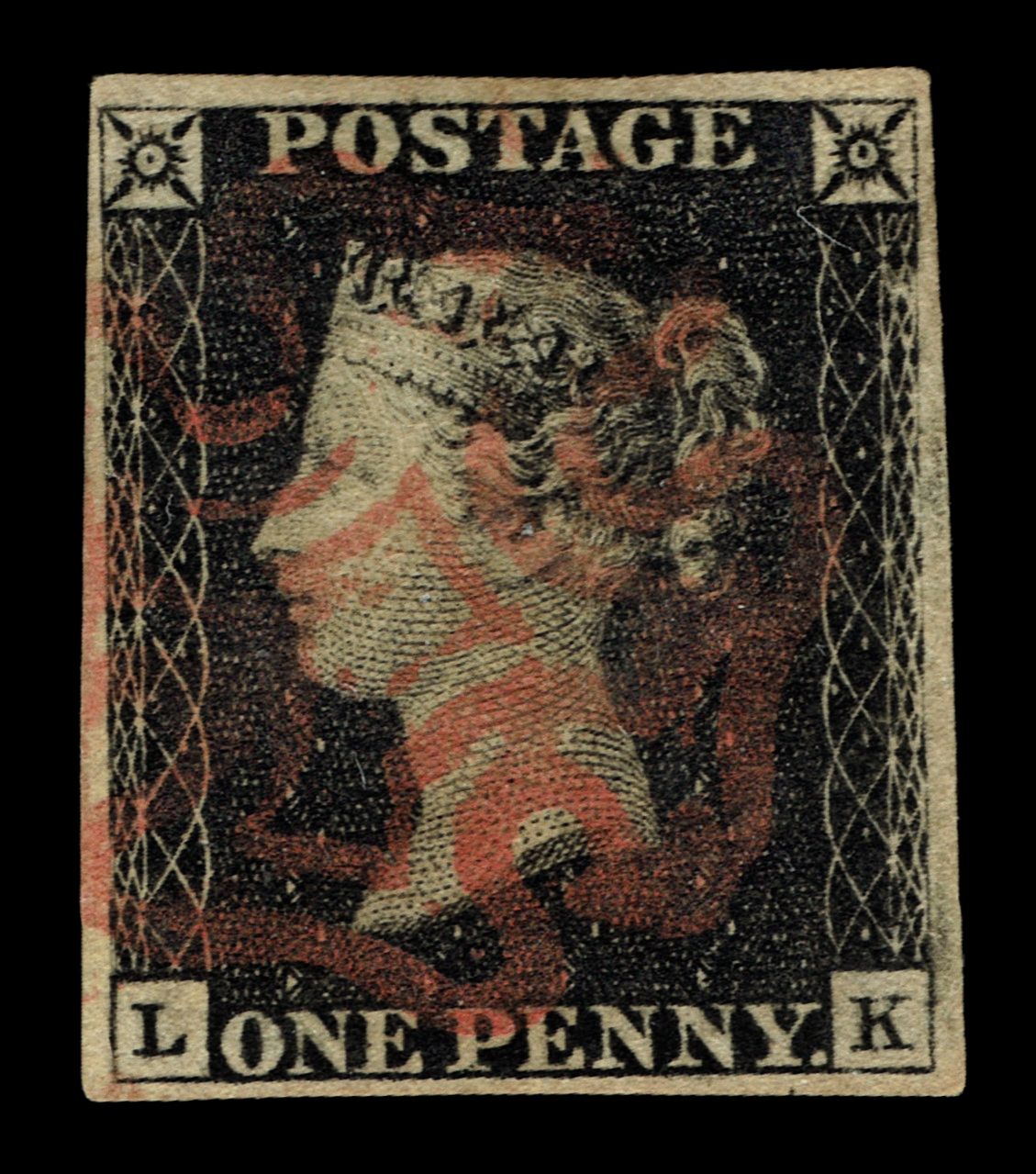 GB QUEEN VICTORIA 1840, 1d BLACK PENNY Sg.1, Pl.1a, L-K, 4 MARGINS, Red Maltese Cross, FU