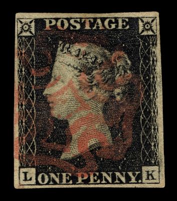 GB QUEEN VICTORIA 1840, 1d BLACK PENNY Sg.1, Pl.1a, L-K, 4 MARGINS, Red Maltese Cross, FU GB QUEEN VICTORIA 1840, 1d BLACK PENNY Sg.1, Pl.1a, L-K, 4 MARGINS, Red Maltese Cross, FU