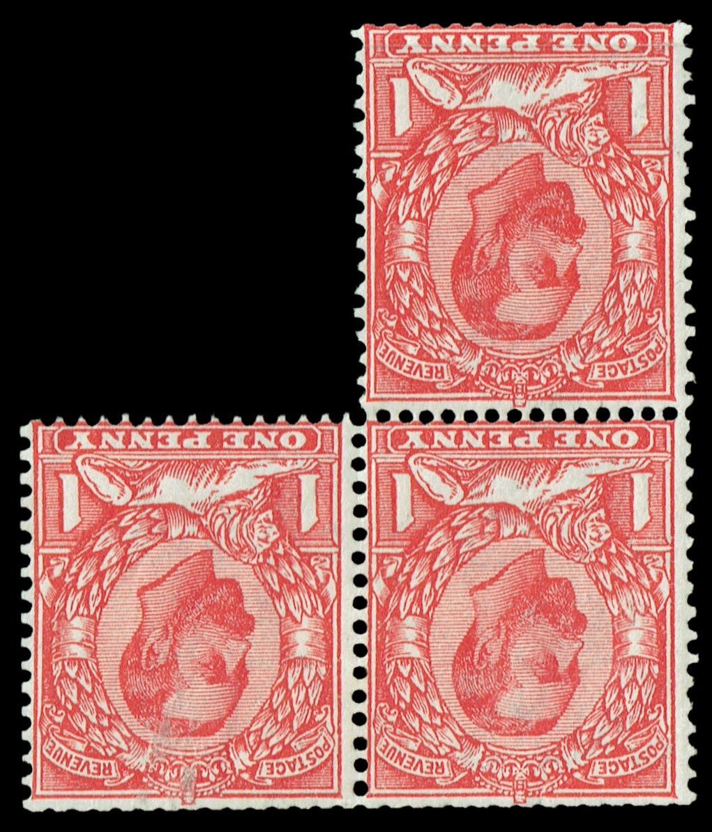 GB KING GEORGE V, 1912, ERROR, BLOCK of 3x 1d SCARLET, Sg.350Wi, Mi.133z, W103