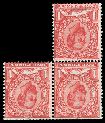 GB KING GEORGE V, 1912, ERROR, BLOCK of 3x 1d SCARLET, Sg.350Wi, Mi.133z, W103