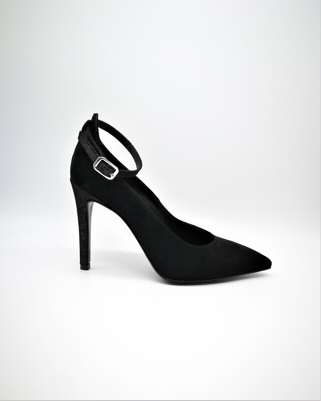 Décolleté Nere in Camoscio Colbaffo® collection Scarpe a Punta nero scamosciato con cinturino caviglia tacco a spillo art. 902CAM
