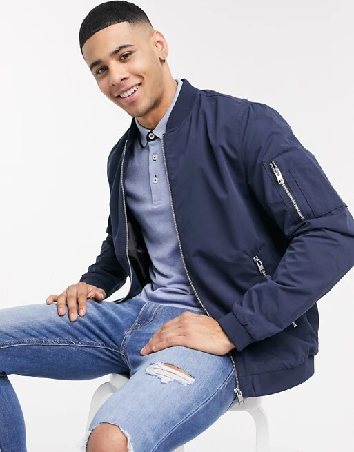 Bomber Blu Aviatore Uomo Sfoderato in Tessuto tecnico Con Zip e collo corto Giacca mezza stagione Jack&Jones Bomber Rush art. 12165203