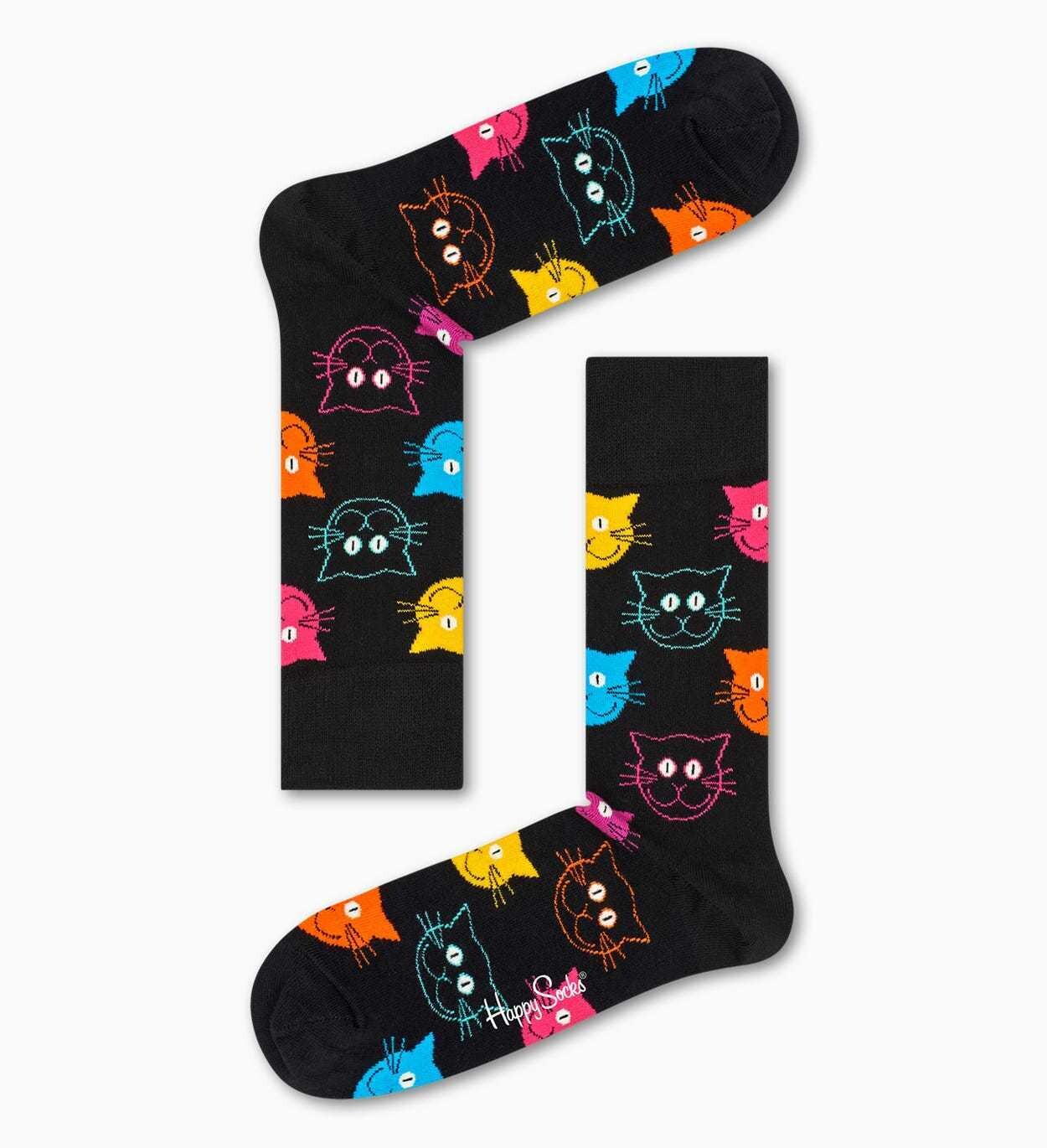 Calze Donna Fantasia Gatti Colorati Sfondo Nero Happy Socks Cat Sock art. MJA01 9001