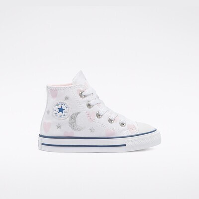 Scarpe Converse Bambina Bianche Stampa Cuori e Lune Sneakers Alte Tela art. 771093C