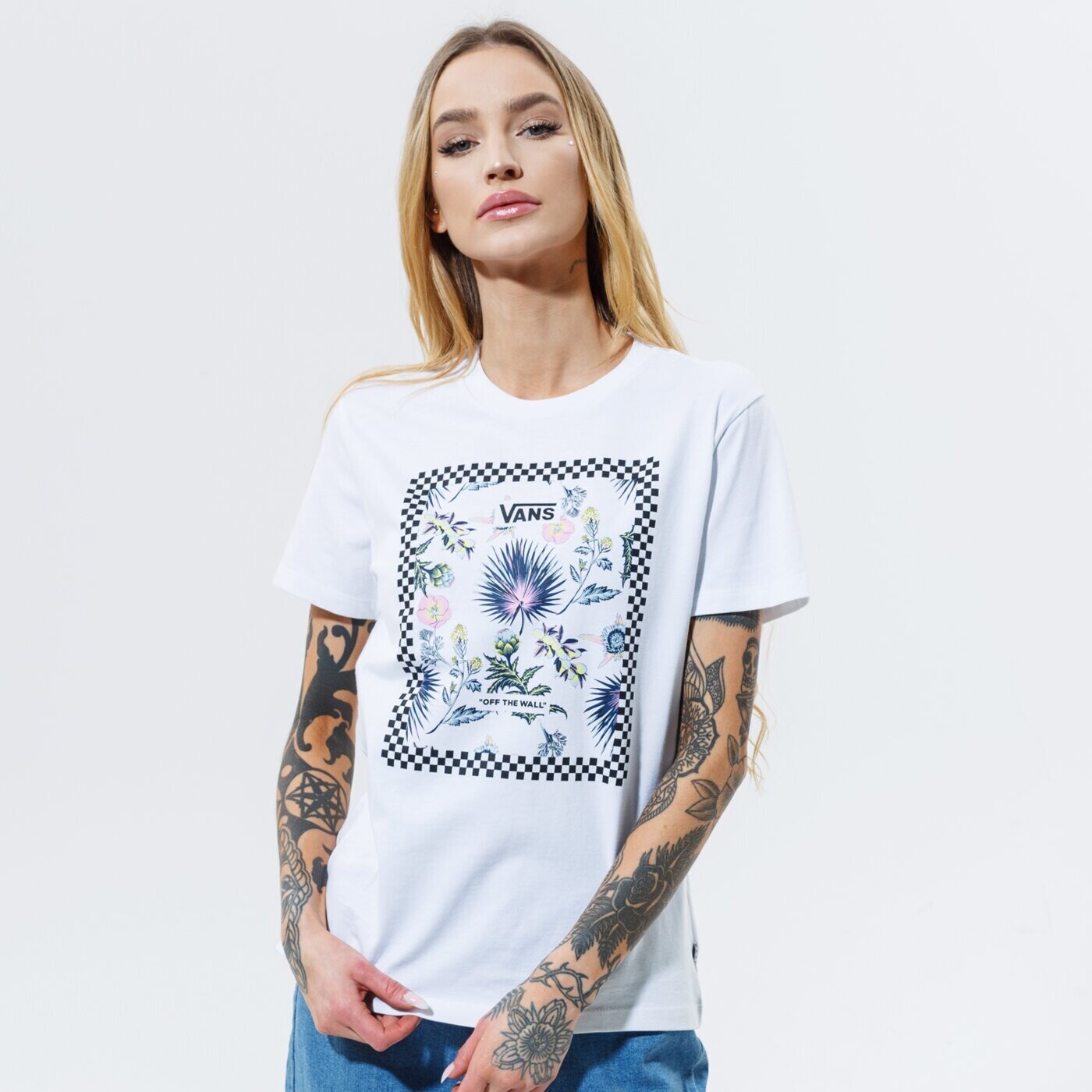 T-shirt Vans Bianca Donna FLORAL PRINT Box Con Scacchi Girogola cotone art. VN0A5ARLWHT1