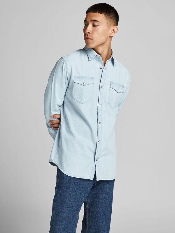Camicia In Jeans chiaro Uomo Con Tasche Frontali Denim Chiaro Light Jack & Jones art. 12138115