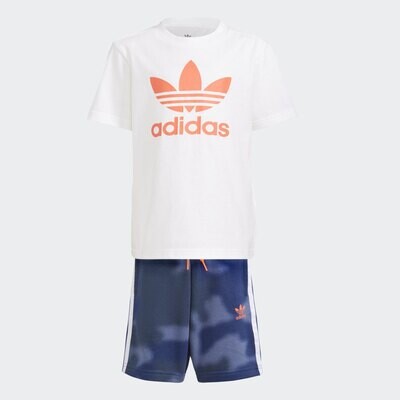Adidas Originals Completo Bambino T-Shirt Pantaloncino Bianco Blu Logo Arancio Large Trefoil Camo Print art. GN4123