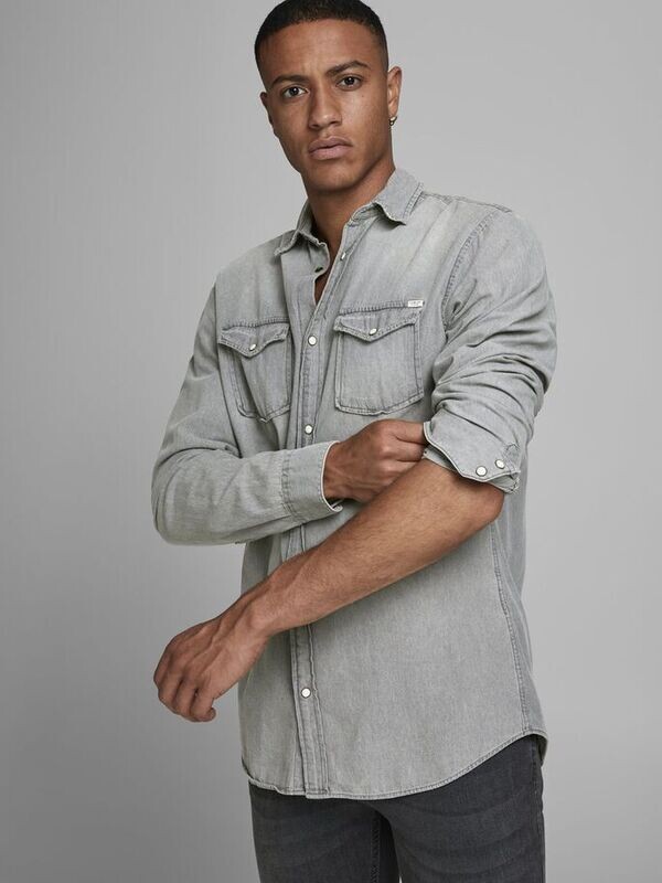 Camicia In Jeans Grigio chiaro Uomo Con Tasche Frontali Denim Grigio Light Grey Jack & Jones art. 12138115