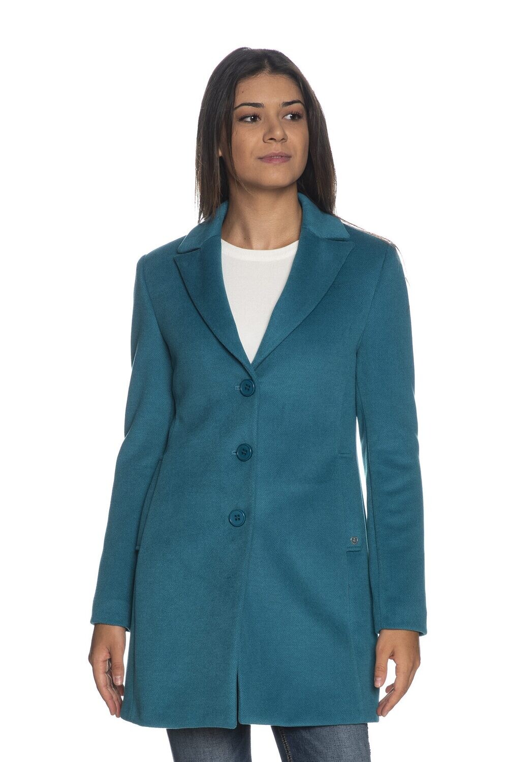 Cappotto Corto in Panno Ottanio Blu Petrolio Donna Monopetto con rever a lancia Please Fashion art. K493MNATAS