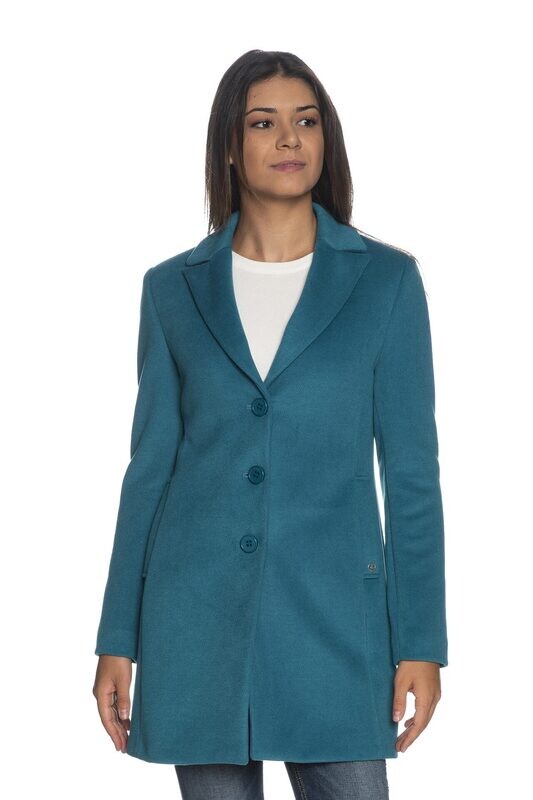 Cappotto Corto in Panno Ottanio Blu Petrolio Donna Monopetto con rever a lancia Please Fashion art. K493MNATAS