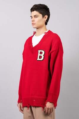 I'MBRIAN MAGLIONE ROSSO OVERSIZE UOMO CON SCOLLO A V E PATCH ART