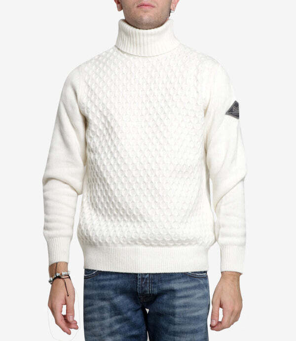 MAGLIONE IN LANA BIANCO PANNA DOLCEVITA UOMO ROY ROGER'S COLLO ALTO TRECCIA ART. A22RRU506C878XXXX