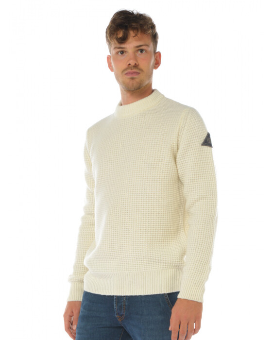 Maglione Uomo Lana Bianco Panna Roy Roger's Punto Riso Girocollo con patch laterale art. A21RRU507C1001XXXX