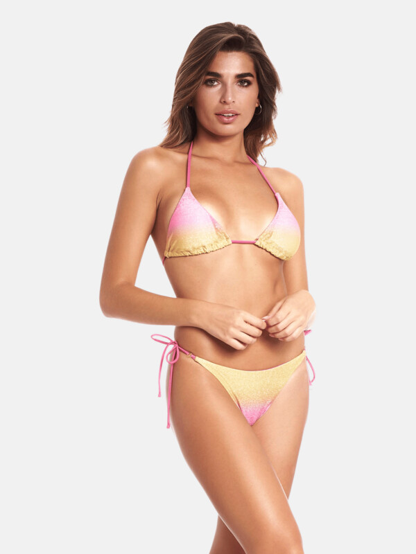 Costume 2 pezzi Bikini triangolo Rosa GIallo Lurex Multicolor Degradè  allacciatura frontale Slip regolabile Donna art. CTZ01201