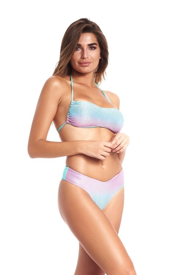 Costume 2 pezzi Bikini fascia bralette corpetto Celeste Rosa Lurex Multicolor Degradè allacciatura frontale Slip regolabile Donna art. CTZ01202