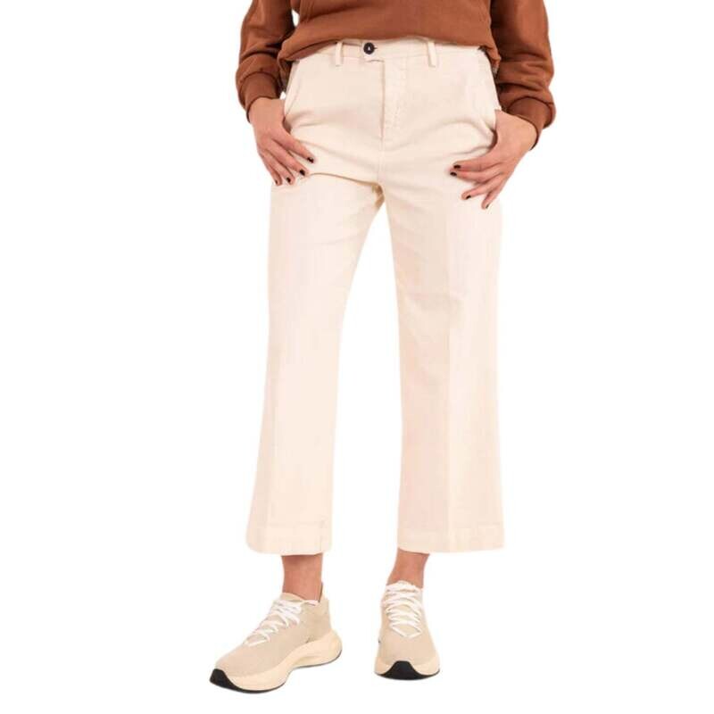 Pantalone Cropped Latte Burro Donna Zampetta in Gabardina Roy Roger's Lais Cut Soft Fustagno White Beige Panna art. RND032P4030112.251