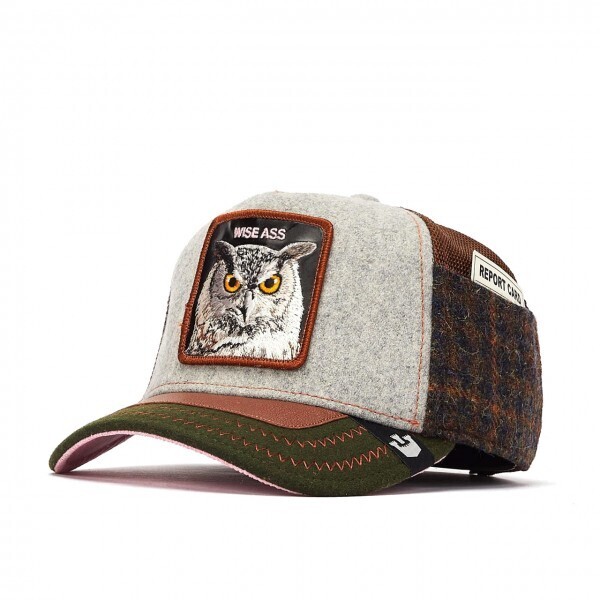 Cappello Goorin Bros Trucker Grigio Marrone Verde con Patch Gufo Wise Ass Play Ass Taschino Collection Cappellino con retina art. 101-0736-GRY Cappello Goorin Bros Trucker Grigio Marrone Verde con Patch Gufo Wise Ass Play Ass Taschino Collection Cappellino con retina art. 101-0736-GRY