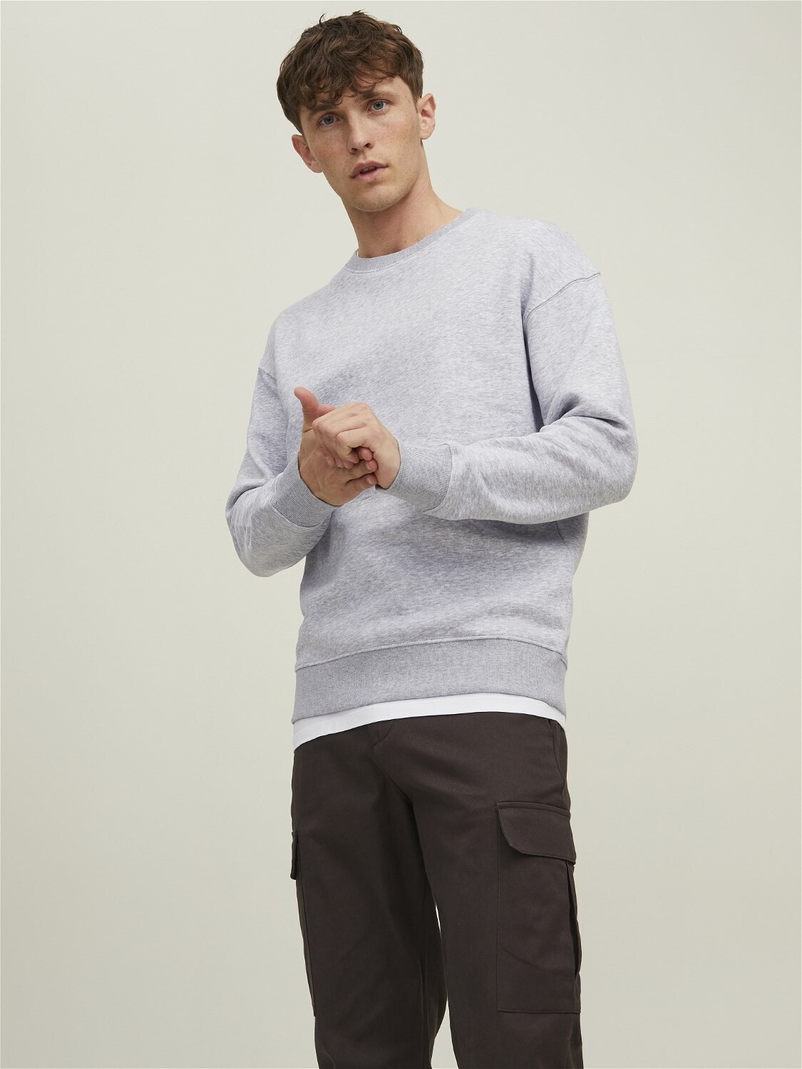 Felpa Grigia Grey Melange Basic Girocollo Felpata Fleece Relaxed Fit Baggy Jack & Jones JJESTAR Sweat Grey art. 12208182