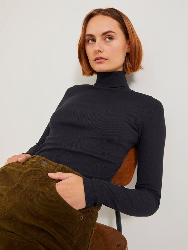 Maglia Dolcevita Nero Donna in cotone Lavorazione a Coste Rib Stretch Fit JJXX JXFAN Nero black art. 12214690
