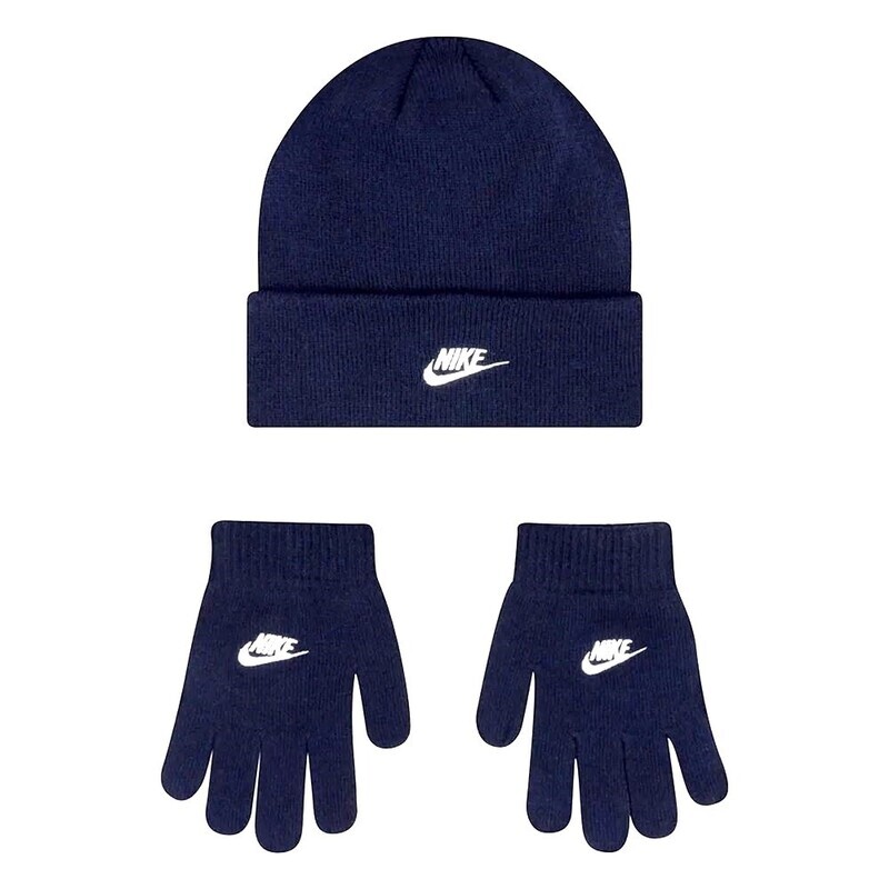 Cappello in Lana Nike Blu / Bianco Set Guanti Gift set Berretto Invernale Unisex Logo Sportswear Midnight Navy art. 9A2961 695