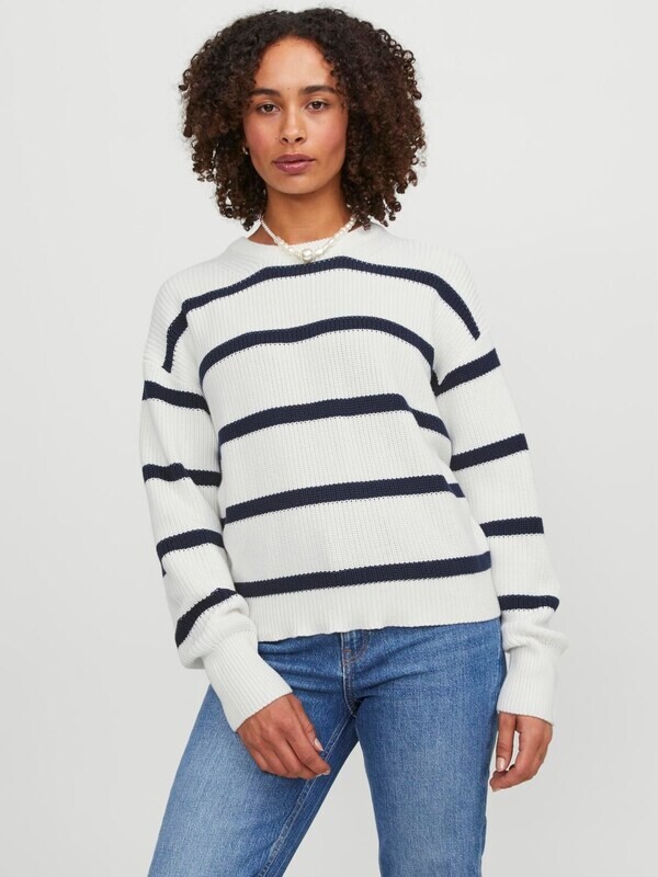 Pullover in Cotone Bianco Latte rigato stripe  strisce blu donna girocollo maglia donna 100% Cotone tinta unita JJXX JXMILA  art. 12213517