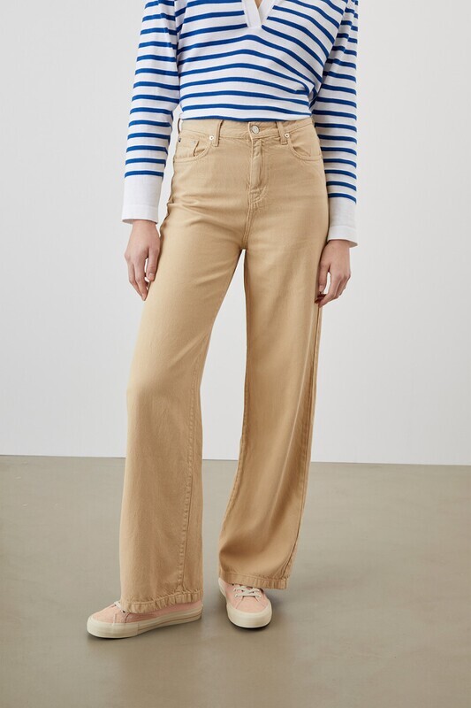 Pantalone Palazzo Sabbia Beige Cotone denim donna Roy Roger's Marta  tela Leggera Denim Sand Flare fit vita alta art. RND091P4352716 C0105