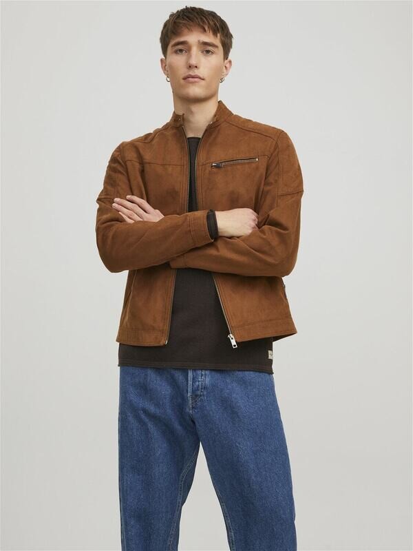 Giubbino Cuoio Collo Biker Scamosciato Cognac Uomo  Jack&Jones Marrone Brown art.12147218
