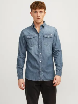 Camicia in jeans Uomo Classico Blu Medio Jack&Jones JJESHERIDAN SHIRT Medium Blue Denim cotone art. 12138115