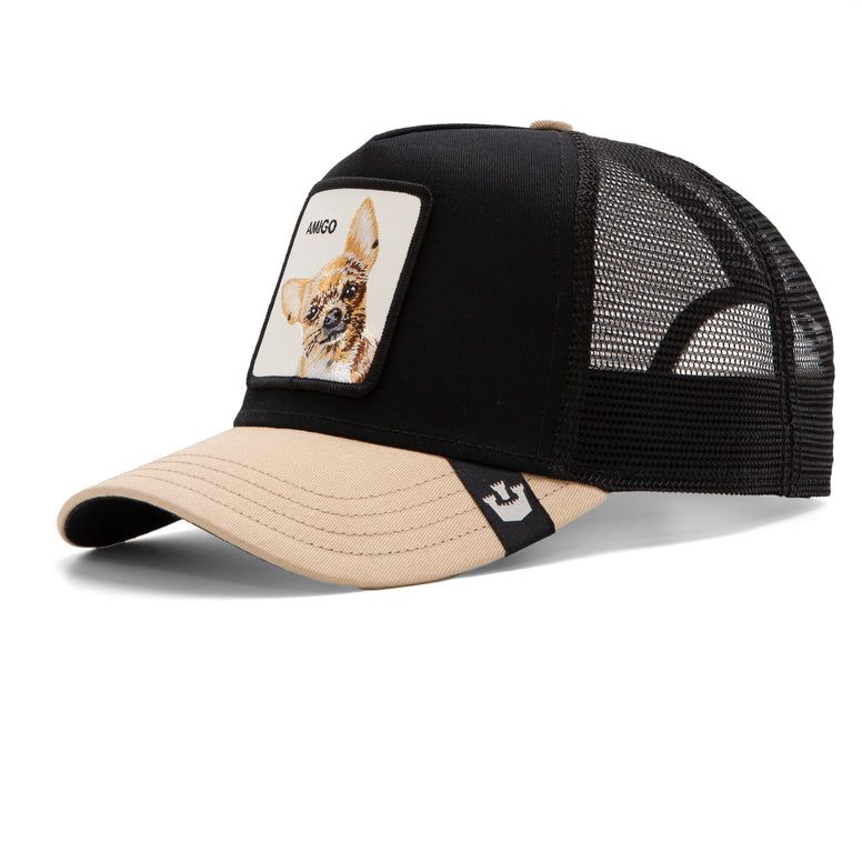 Cappello Chihuahua Mini Dog Goorin Bros  Trucker Patch Amigo Cappellino con retina Nero Black Sabbia Crema Ivory art. 101 1787 BLK