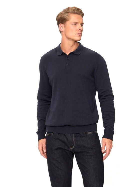 Polo Maniche Lunghe Blu Navy Uomo in 100% Cotone  Essential Polo Basic Manica Lunga Collo 3/4  Jack & Jones  JJFRED KNIT LS POLO art. 12258582