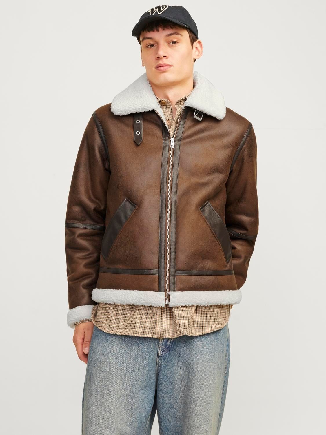 Giubbotto Montone Cognac Eco Uomo Marrone Pelliccia Teddy Beige Cappotto Shearling Jack&Jones JORCOLE AVIATOR JACKET  art. 12261819