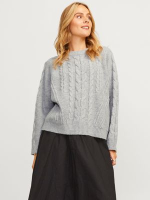 Maglione grigio Donna Pullover treccia Perla Chiaro Loose Fit  maglia lavorata girocollo Pullover JJXX JXJOSIE Grey art. 12255370