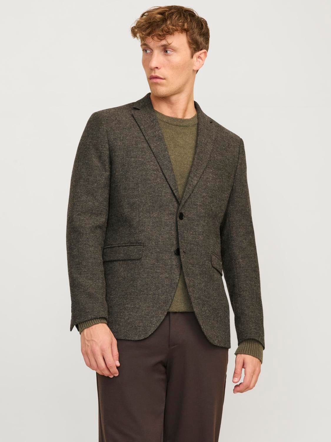 Giacca Marrone in twill uomo in Panno Lana Brown Slim fit Monopetto Caldo scollo a v Jack&Jones JPRWINTER BLAZER  art. 12260390