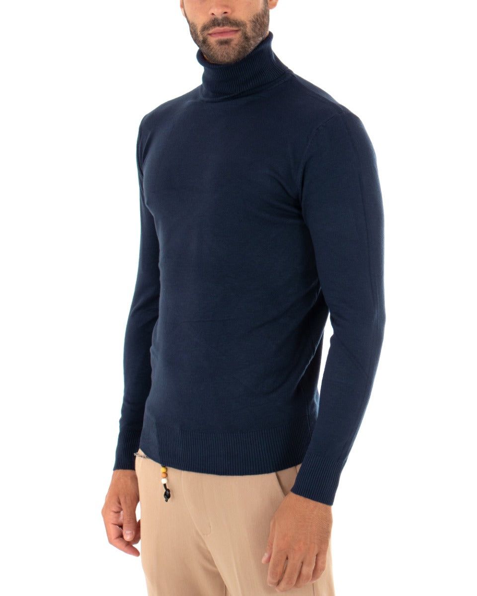 Maglia Dolcevita Blu Uomo filo viscosa sottogiacca Navy Blue sottile collo alto art. MM801