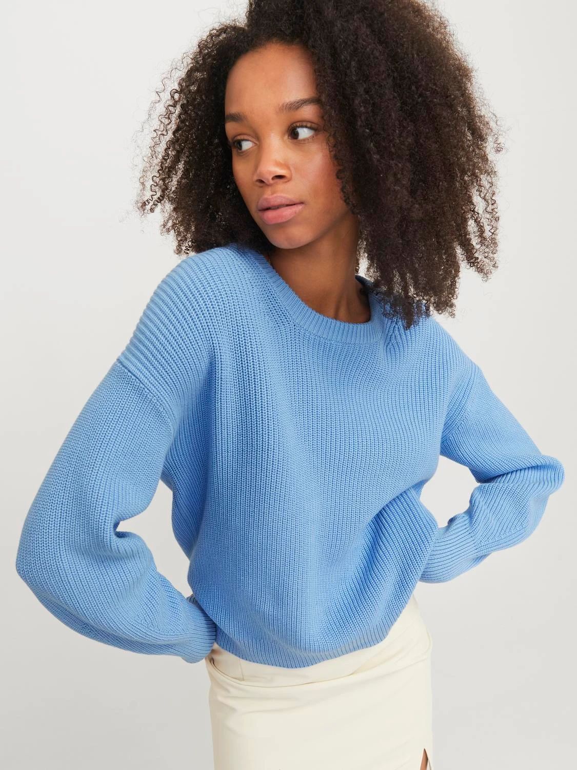 Pullover in Cotone azzurro celeste tinta Unita  Little Boy blue Grey donna girocollo maglia donna 100% Cotone tinta unita JJXX JXMILA  art. 12200267