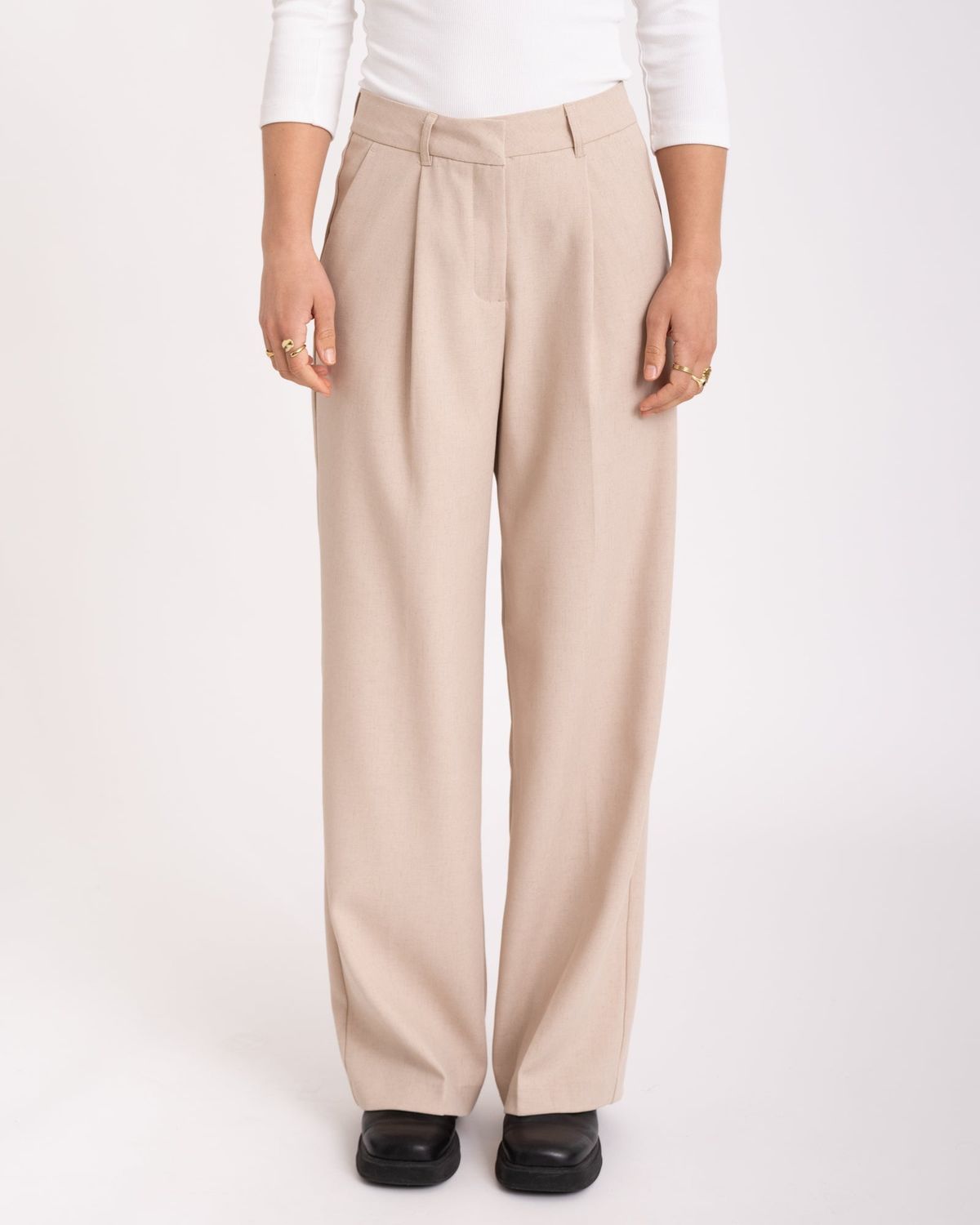 Pantaloni Ampi Beige con Pinces Misto lino Pantalone Sabbia Largo Wide Donna a vita alta Feather Grey JJXX JXELLIS STRUCTURED WIDE HW PANT art. 12268837