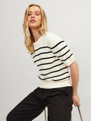 Maglia Latte Donna in cotone strutturato regular Fit Righe Tshirt morbida sottogiacca Bianco White JJXX JXLAYLA Top art. 12254368