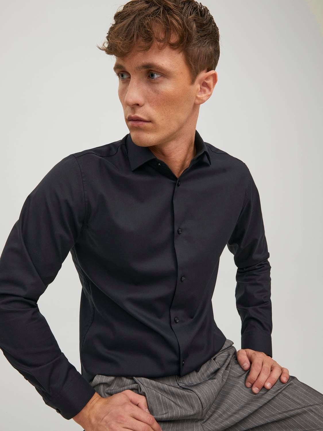 Camicia Nera Uomo classica Cotone 100% Nero slim fit Maniche Lunghe  Twill  Jack & Jones  JPRBLAPARKER Shirt Black art. 12227385