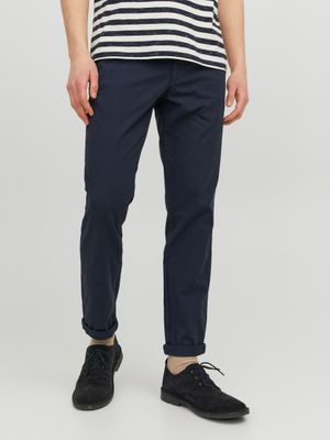 Pantaloni Blu Navy cotone estivo Slim fit Uomo chino leggeri chiari stretti in cotone operato tasche a filo pantalone classico  Vita bassa Jack&Jones JPSTMARCO FURY art. 12206198 