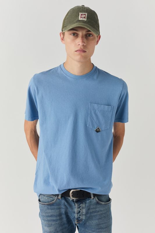T-shirt Celeste Uomo Roy Roger's  taschino pocket tee Azzurra 100% cotone regular Fit art. RRU90048CA160111 C0357