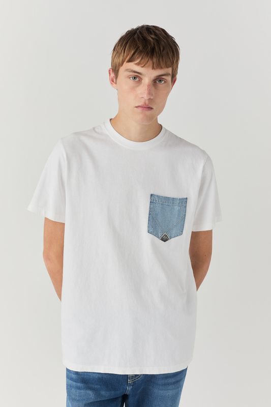 T-shirt Bianca Uomo Roy Roger's  taschino jeans in denim icon pocket tee white Bianco  100% cotone regular Fit art. RRU90171CA16XXXX  C0014