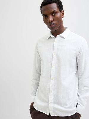 Camicia Bianca in lino Uomo classica Cotone bianco relax fit Maniche Lunghe  comfort fit Jack & Jones  JJESUMMER SHIRT White art. 12269315
