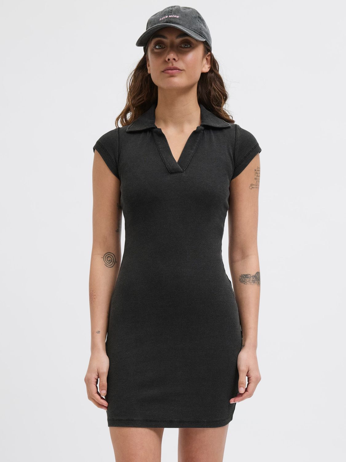 Abito Nero in Maglia vestito corto collo polo cotone costine elasticizzato Jersey JJXX JXFELIA SS MINI POLO DRESS art. 12277363