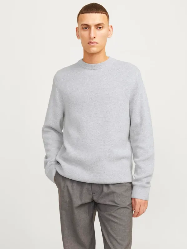 Maglione Grigio Uomo in cotone Maglia Piatta Loose fit Spalle cadenti Grey Melange Pullover  sottile  Jack&Jones PRCCMILANO STITCH KNIT art. 12259666