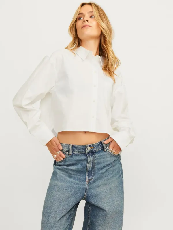 Camicia Bianca Donna Cropped Relax Fit in Cotone Popeline camicia corta Bianco White JJXX JXJAMIE LS SHORT POPLIN SHIRTJX art. 12260549
