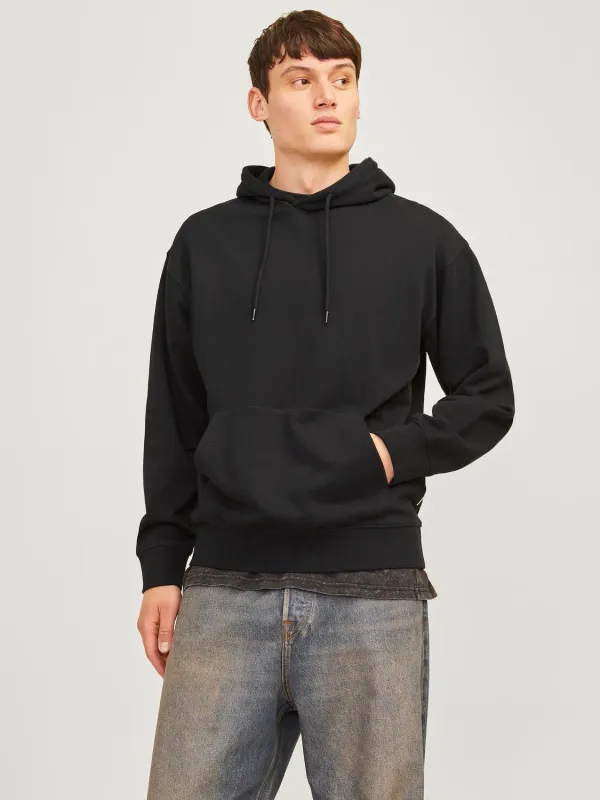 Felpa Con Cappuccio Nera Uomo Oversize 100% Cotone spazzolato garzato Essential Sweat hoodie Nero Black Jack & Jones  JJECHARGE HOODIE  art. 12257852